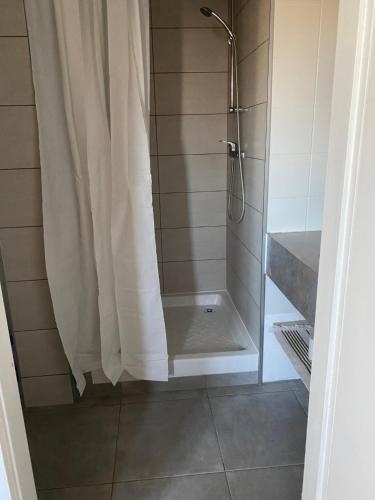 ストラスブールにあるGite Saint Florent Studio Apartment Parking Gratuitのバスルーム(シャワー、シャワーカーテン付)が備わります。