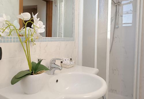 a bathroom with a white sink and a mirror at Hotel Queen Mary in Cattolica