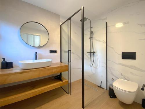 a bathroom with a sink and a mirror at The Cosy Attic at Casuta Fulgu' in Borşa
