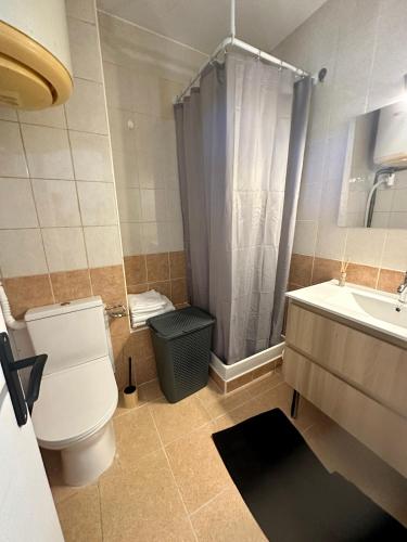 une salle de bain avec toilettes, lavabo et douche dans l'établissement Studio climatisé cœur historique d'Ajaccio, à Ajaccio