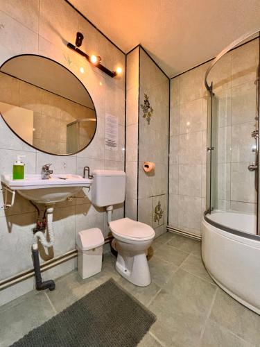 łazienka z toaletą, umywalką i wanną w obiekcie Top Mountain w mieście Poiana Brașov