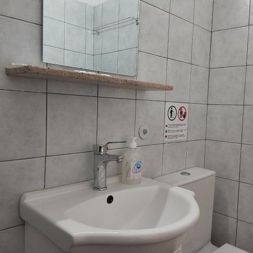a bathroom with a sink and a mirror and a toilet at ANNA MARIA Studios in Potos