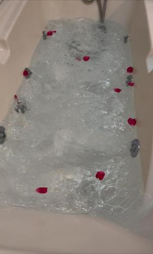 a bath tub filled with water with red hearts in it at Lo Jardí de Benifallet in Benifallet