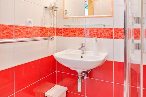 a bathroom with a sink and red and white tiles at Penzion Putim in Putím