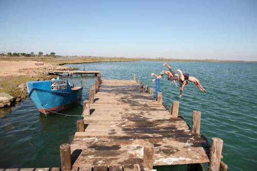 a group of people jumping off a dock into the water at Riviera Hotel & Chalets in Velddrif