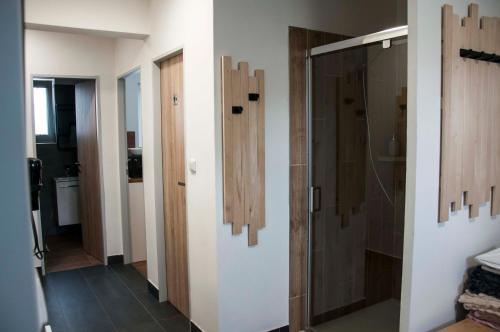 a bathroom with a shower and a glass door at Sauna 32 in Vítkov
