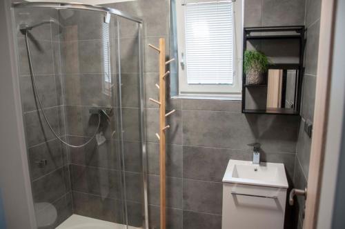 a bathroom with a shower and a sink at Sauna 32 in Vítkov