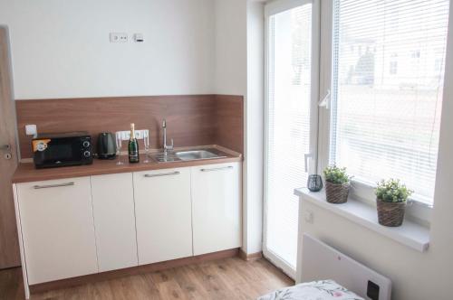 a kitchen with white cabinets and a sink and a window at Sauna 32 in Vítkov