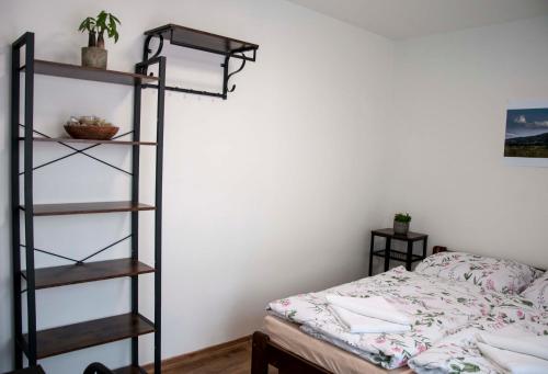 a bedroom with a bed and a book shelf at Sauna 32 in Vítkov