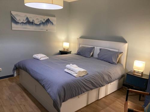 une chambre avec un lit avec deux serviettes dessus dans l'établissement Cocon Bleu, à Troyes