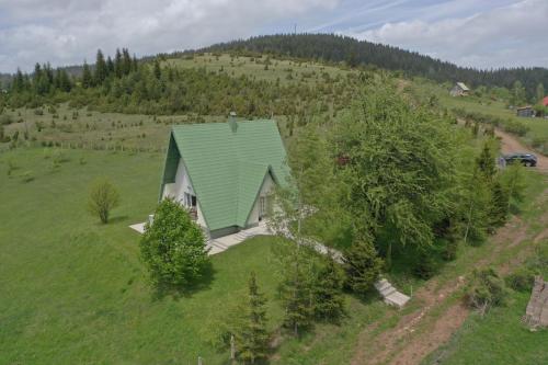 an overhead view of a green roofed house on a hill at Vila Zeleno borje in Žabljak