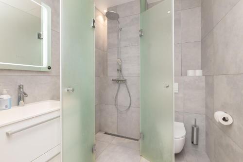 y baño con ducha, aseo y lavamanos. en WoHo Luxury appartments, en Tallin