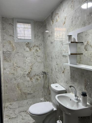 a bathroom with a white toilet and a sink at Karaağaç Bungalov & Tiny House in Hatay