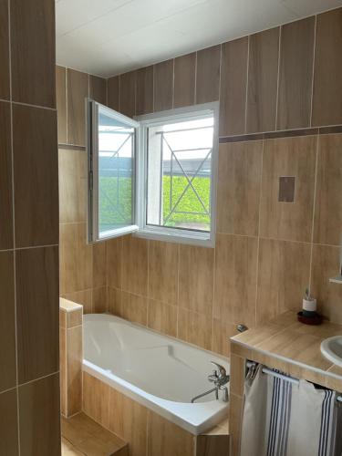 La salle de bains est pourvue d'une baignoire, d'une fenêtre et d'un lavabo. dans l'établissement Les Oliviers, au Teich