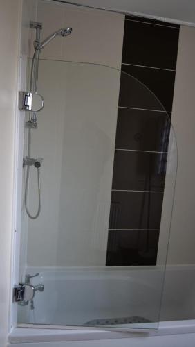 a shower with a mirror in a bathroom at Keniji Luxury 2 Bed Apartment in Milton Keynes