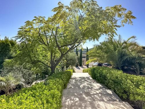 una pasarela con un árbol en un parque en Appartement de prestige avec piscine, en Laouque