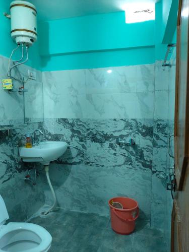 a bathroom with a sink and a toilet and a bucket at Him-Kim Homestays in Badrinath