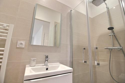 une salle de bain avec un lavabo et une douche dans l'établissement Studio de standing en hypercentre proche Loire et parc, à Châteauneuf-sur-Loire