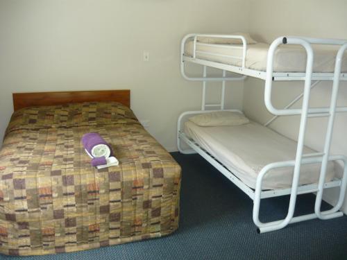 a room with a bed and a bunk bed with a pillow at Alexanders Holiday Park in Picton