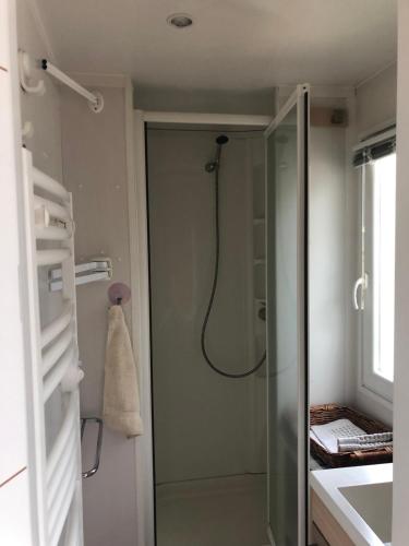 une salle de bain avec une douche avec une porte vitrée dans l'établissement mobil home 6 personnes a SAMOENS, à Samoëns