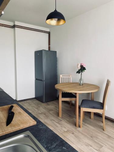 a kitchen with a table and a refrigerator at Ubytování Stará in Ústí nad Labem