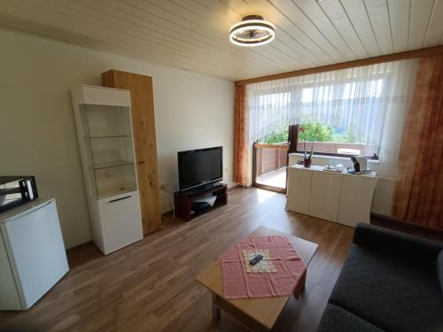 a living room with a couch and a tv at Herzogberghof in Kindberg