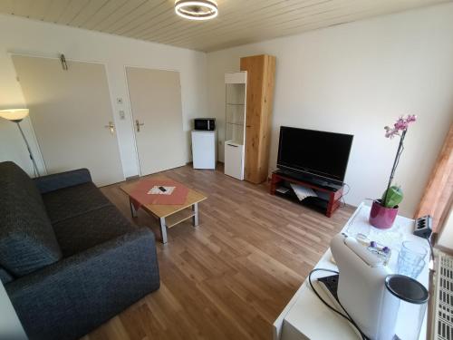 a living room with a couch and a tv at Herzogberghof in Kindberg