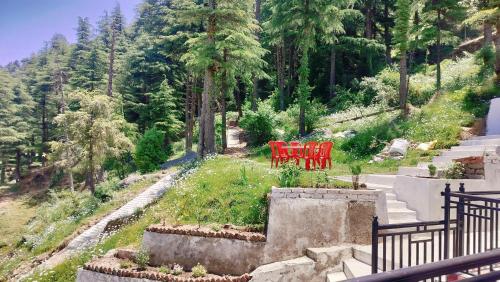 a group of red chairs sitting in a garden at Kavyansh Forest Valley in Dalhousie