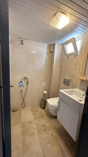 a bathroom with a toilet and a sink at Kelebek Apartments in Kalkan