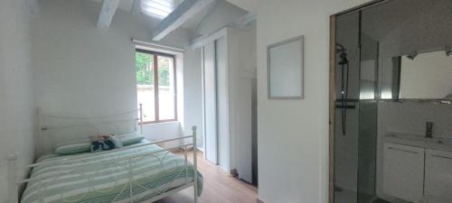 une chambre avec un lit, une fenêtre et un miroir dans l'établissement LE COQUELICOT - centre ville, à Cahors