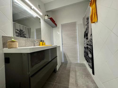 un bagno con lavandino e specchio di Nid douillet vue mer Hyères a Hyères