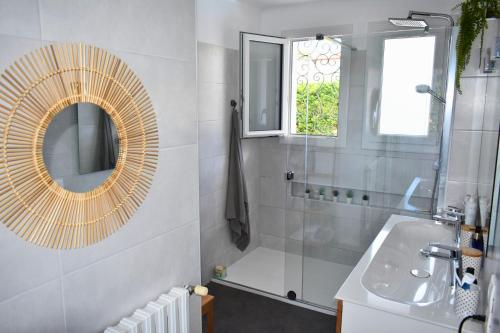 une salle de bain avec un lavabo, un miroir et une douche dans l'établissement Éden Basque - Piscine-SPA-Plage, à Anglet