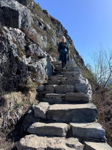 a person walking up a set of stone stairs on a mountain at Villa Utsikten Romsdalen in Åndalsnes