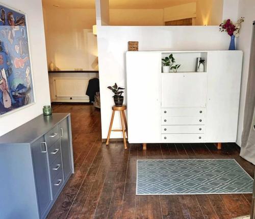 una camera con armadio bianco e pavimento in legno di Wygodny apartament Piotrkowska a Łódź