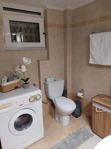 a bathroom with a toilet and a washing machine at Boho Zen Retreat in Agia Pelagia