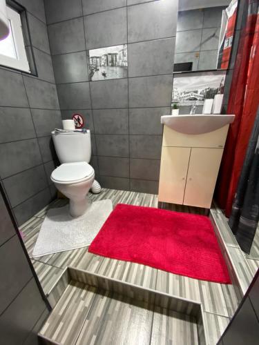 a bathroom with a toilet and a red rug at Guest House Devetaki in Devetaki