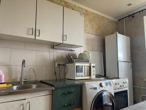 eine Küche mit einer Waschmaschine und einer Mikrowelle in der Unterkunft Гагарина ДАФФИ in Dnipro