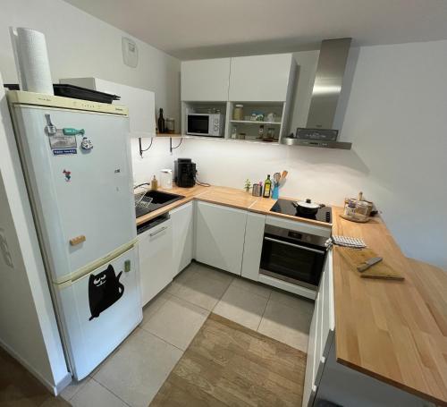 eine Küche mit weißen Schränken und einem Kühlschrank in der Unterkunft Cosy and Spacious appartement near metro line 4 & RER B in Bagneux