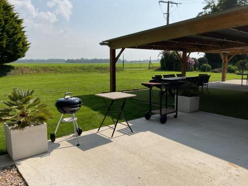 a grill and picnic table in a backyard with a field at Espace et confort in Auppegard