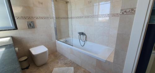 a bathroom with a tub and a toilet and a shower at Villa Demiris at Vrachneika Beach in Flámbouras