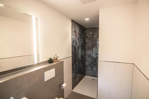 a bathroom with a shower and a walk in shower at Engelns-Inn in Hövelhof