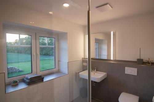 a bathroom with a shower and a sink and a mirror at Engelns-Inn in Hövelhof