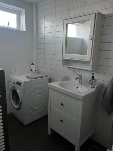 a bathroom with a washing machine and a sink at Family apartment in Reykjavík
