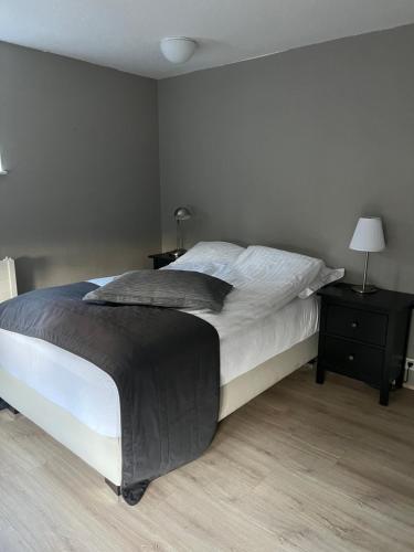 a bedroom with a bed and two tables and a lamp at Family apartment in Reykjavík