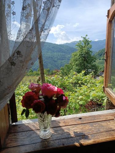 a vase of flowers sitting on a window sill at Zesopheli guest house in Keda Agro & Eco tourism in Zesop'eli