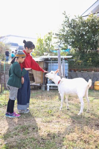 two girls are standing next to a goat at Tainan House Awaji in Awaji