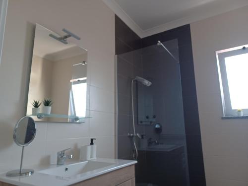 een badkamer met een wastafel, een douche en een spiegel bij AL Encanto in Grândola