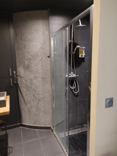 une douche avec une porte vitrée dans une salle de bain dans l'établissement Quartier Mouffetard, à Paris