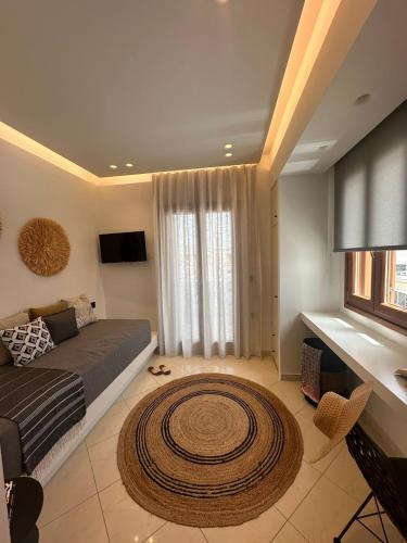a bedroom with a bed and a large rug at Villa Christine in Agia Anna Naxos