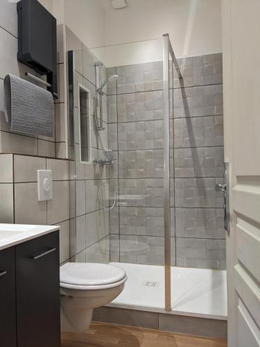 a bathroom with a glass shower with a toilet at Le 12 T2 cosy wifi parking gratuit st Victor in Saint-Étienne
